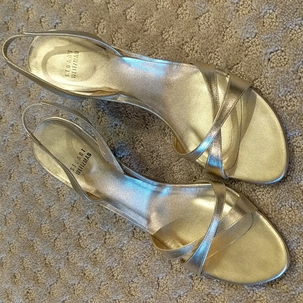 Stuart Weitzman gold strappy kitten heel sandals, slingback